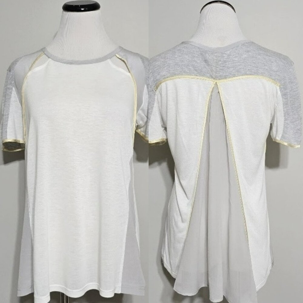 AIKO Silk Rayon Colorblock Top S Gray White Yellow Cutout Split Back Blouse